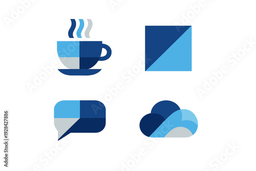 A set of four minimalist icons featuring a steaming coffee cup, a geometric square, a speech bubble, and a cloud, all rendered in shades of blue and grey on a black background.