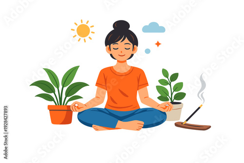 A woman sits in a lotus position meditating with her eyes closed. She is surrounded by potted plants, a burning incense stick, and symbols of the sun and clouds on a black background.