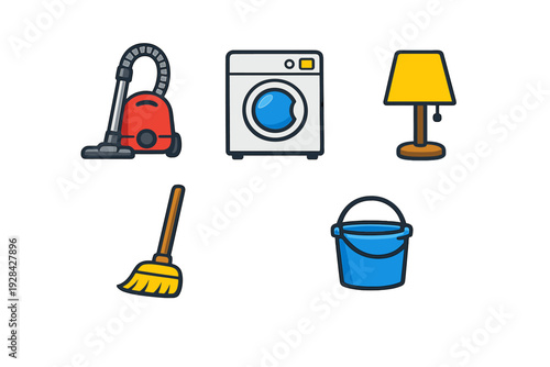 A collection of five colorful household appliance and cleaning icons including a vacuum cleaner, washing machine, table lamp, broom, and bucket, set against a solid black background.