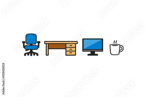A flat illustration of office furniture and equipment including a blue swivel chair, a wooden desk with drawers, a computer monitor, and a steaming cup of coffee on a black background.