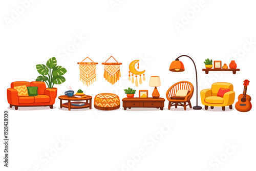 This set of warm-toned interior design elements features a sofa, armchair, coffee table, plants, macrame wall hangings, and a guitar in a cozy bohemian illustration style.