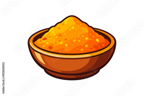 A digital illustration of a wooden bowl filled with a high mound of bright orange spice powder, isolated on a black background. The style is stylized with bold outlines and vibrant colors.