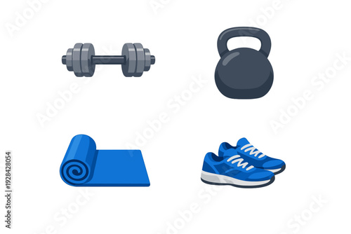 A collection of fitness equipment icons featuring a grey dumbbell, a dark kettlebell, a rolled blue yoga mat, and a pair of blue running shoes isolated on a black background.