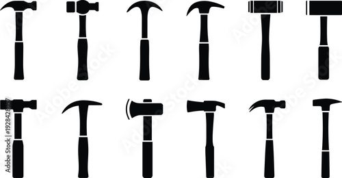 Hammer silhouette collection set, claw hammer and mallet tools icons isolated vector illustration for construction and carpentry
