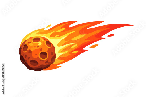 A cartoon illustration features a cratered asteroid or meteor engulfed in bright orange and yellow flames, streaking across a solid black background in deep space.