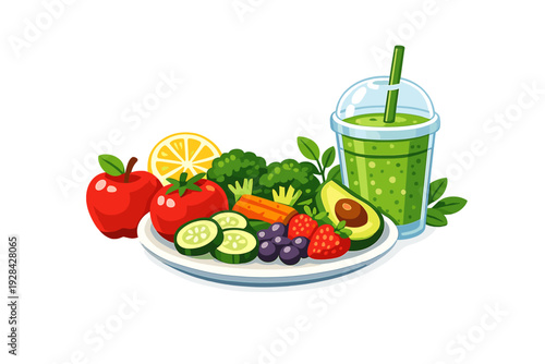A colorful illustration of a healthy meal featuring a green smoothie, fresh fruits like apples and strawberries, and vegetables including broccoli and avocado on a white plate.