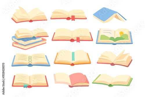 This set features twelve colorful vector illustrations of open books with different page layouts, bookmarks, and covers, presented in a clean flat design style on a black background.