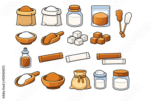 This illustration displays different forms of sugar including granulated, brown, cubes, and liquid syrup in various containers like sacks, jars, bowls, and packets.