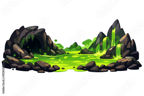 A digital illustration of a dark cave and rocky terrain surrounding a glowing green pool of toxic liquid with waterfalls, set against a black background in a stylized game art style.