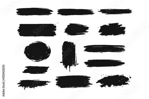 A collection of twelve black paint brush strokes and ink splatters in various shapes and sizes, including a circular mark, arranged on a dark background for graphic design.