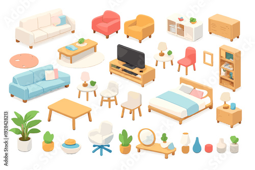 A collection of 3D isometric furniture and home decor items including sofas, chairs, a bed, and plants in pastel colors, isolated on a black background for interior design visualization.