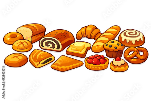 A vibrant digital illustration featuring a variety of cartoonish baked goods, including bread, croissants, muffins, and pretzels, arranged against a solid black background.