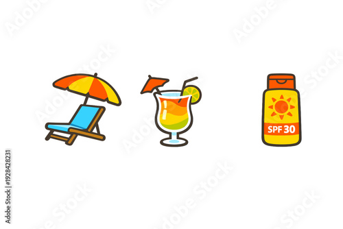 A set of three summer-themed icons featuring a beach chair with an umbrella, a colorful tropical cocktail with a lime slice, and a bottle of SPF 30 sunscreen on a black background.