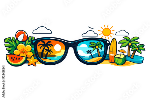 A vibrant vector illustration of sunglasses reflecting tropical beach scenes, surrounded by summer icons like a surfboard, coconut, watermelon, and palm trees on a black background.