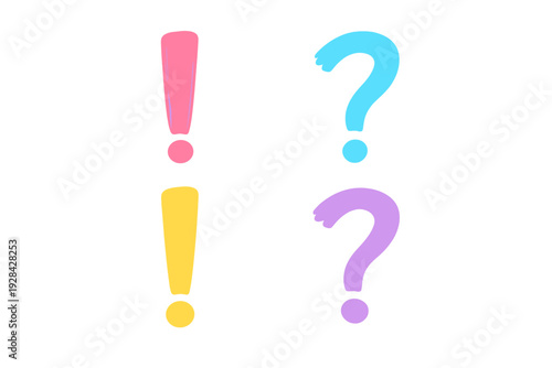 A collection of colorful hand-drawn exclamation and question marks on a black background. The set includes pink, blue, yellow, and purple punctuation symbols with white highlights.