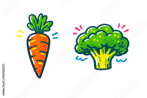 A vibrant cartoon illustration featuring an orange carrot with green leaves and a green broccoli floret with a yellow stem, both set against a solid black background.