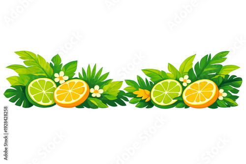 A vibrant illustration of sliced limes and oranges surrounded by lush green tropical foliage and small white flowers, set against a solid black background for a fresh look.