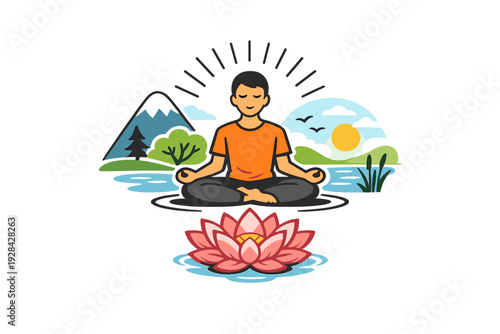 A flat vector illustration of a man meditating in a lotus pose outdoors. The scene features mountains, a lake, a bright sun, and a large pink lotus flower floating in the foreground.