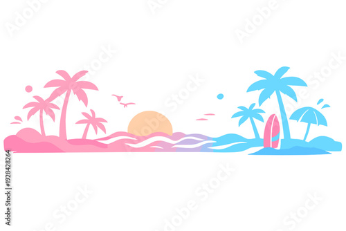 A stylized vector illustration of a tropical beach scene with palm trees, waves, a surfboard, and an umbrella, featuring a pink and blue color palette on a black background.