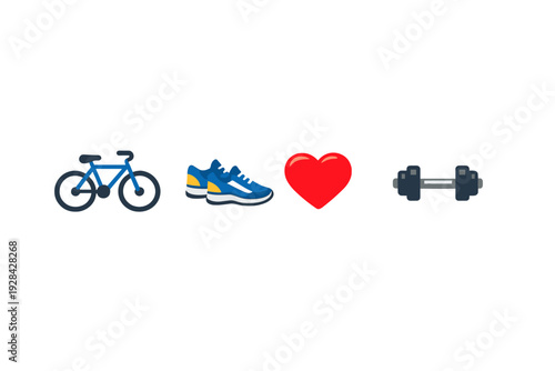 This image features a horizontal row of four colorful icons representing health and fitness: a blue bicycle, running shoes, a red heart, and a dumbbell, set against a black background.