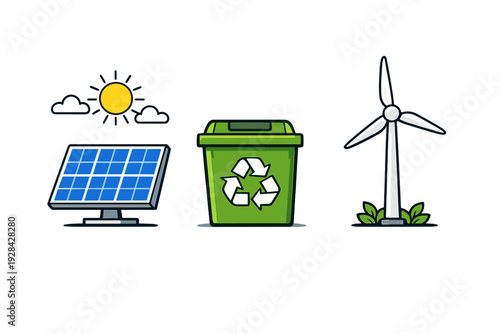 This illustration features three icons representing renewable energy and sustainability: a solar panel under a sun, a green recycling bin, and a white wind turbine with green leaves.