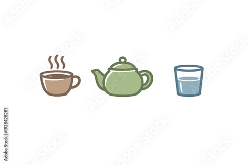 A simple illustration featuring a steaming brown cup of coffee, a green teapot, and a blue glass of water arranged in a row against a solid black background.