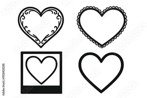 Four distinct black heart icons including a decorative swirl design, a scalloped lace border, a square photo frame style, and a simple outline for Valentines Day and romantic themes.