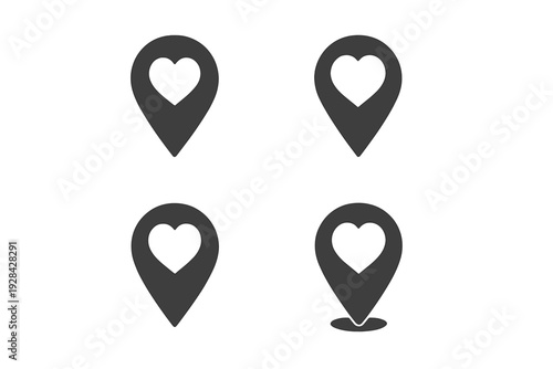 A set of four dark gray location pin icons featuring heart-shaped centers is displayed in a two-by-two grid on a black background. These symbols represent favorite places or travel destinations.