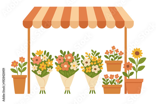 A flat vector illustration of a flower shop stall featuring a striped awning, three wrapped bouquets, and several potted plants with colorful blossoms in a minimalist style.