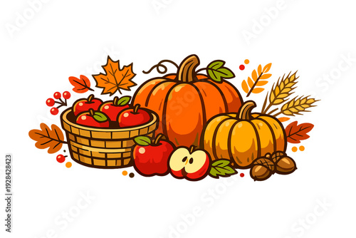 This colorful vector illustration showcases a bountiful autumn harvest with pumpkins, red apples in a basket, wheat, acorns, and fallen leaves set against a dark background.