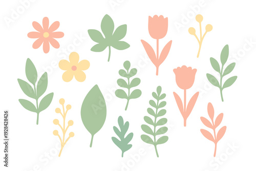 This set features various flat style flowers and leaves in soft pastel tones of pink, peach, and mint green on a black backdrop. Ideal for botanical patterns and graphic projects.