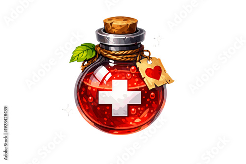 A digital illustration of a round glass bottle filled with bubbling red liquid, featuring a white cross symbol, a cork stopper, a green leaf, and a heart tag on a black background.