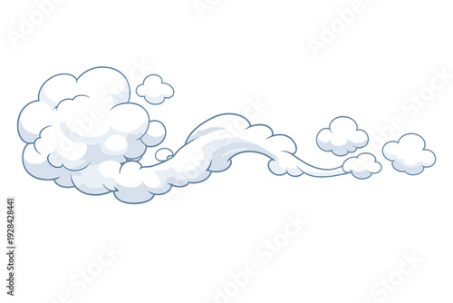 This cartoon illustration depicts a white puffy cloud with a trailing smoke effect against a solid black background. The design features soft blue shading and clean outlines.