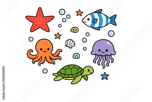 A collection of cute cartoon sea creatures including an octopus, turtle, jellyfish, fish, and starfish arranged on a black background with bubbles and shells in a flat vector style.