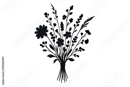A dark silhouette of a wildflower bouquet featuring various delicate blooms, leaves, and stems tied together, presented as a minimalist illustration on a black background.