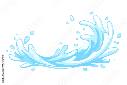 This stylized blue water splash illustration features dynamic droplets and fluid motion against a black background. The artwork uses light blue tones and white highlights for a liquid effect.