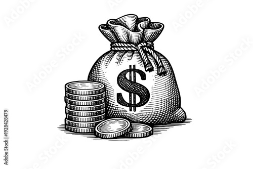 A black and white engraving style illustration of a tied money bag with a dollar sign on it, positioned next to a stack of coins and two loose coins on a dark background.