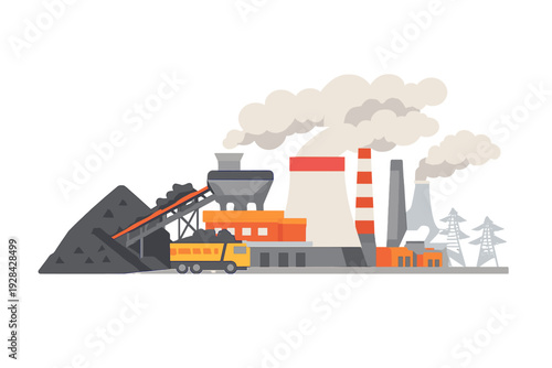 A flat vector illustration of an industrial power plant with cooling towers emitting smoke, a coal conveyor belt, a yellow dump truck, and high-voltage electricity pylons.