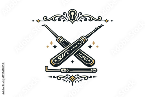 A stylized vector illustration of crossed lockpicking tools and a tension wrench on a black background, featuring ornate decorative flourishes and a keyhole icon at the top.