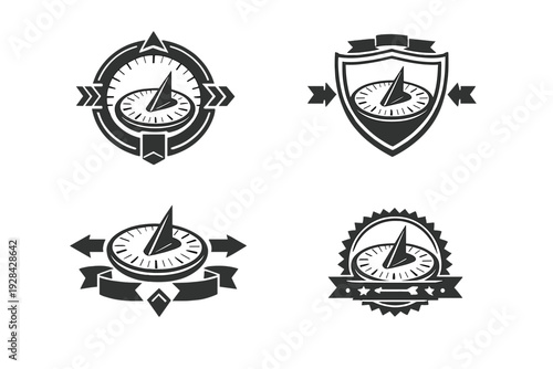 This collection features four monochrome badge designs centered around a sundial motif. The logos incorporate various elements such as shields, ribbons, and circular borders in a vector style.
