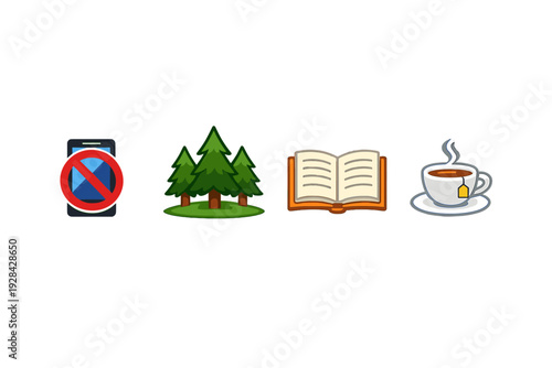 Four icons representing a digital detox lifestyle including a prohibited smartphone, a small forest of pine trees, an open book, and a steaming cup of hot tea on a black background.
