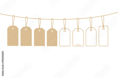 A row of eight blank brown paper tags hangs from a string against a black background. Four tags are solid and four are outlines, providing space for text or labels.