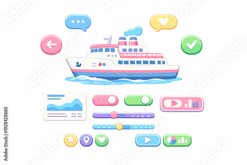 This flat vector illustration features a pastel-colored cruise ship on water accompanied by a collection of user interface components including sliders, toggles, and icons.