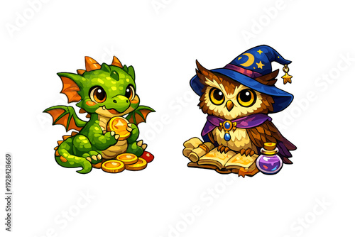 A cute green baby dragon sits next to a wise owl wearing a blue wizard hat. The dragon holds gold coins while the owl reads an open book with a purple potion bottle nearby.