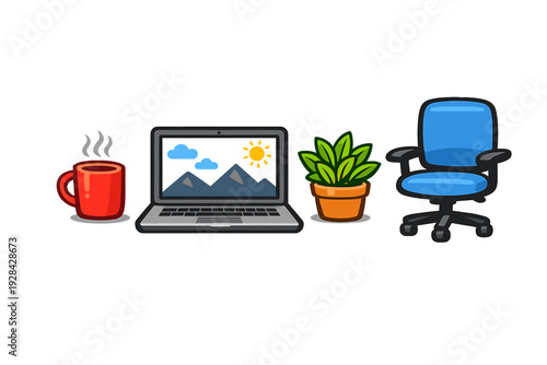 A cartoon illustration featuring a steaming red mug, a laptop displaying a mountain landscape, a green potted plant, and a blue office chair arranged on a black background.