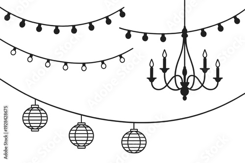 Black silhouettes of hanging light fixtures including strings of bulbs, a classic chandelier, and round paper lanterns against a plain white background.