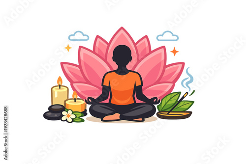A vector illustration of a person meditating in a lotus pose in front of a large pink flower. The scene includes lit candles, incense, smooth stones, and decorative leaves on a dark background.