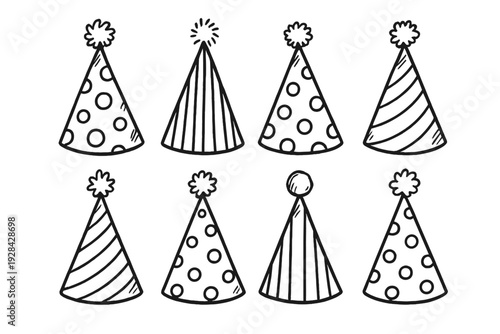 A collection of eight hand-drawn party hats in black and white line art. The hats feature various patterns including polka dots and stripes, each topped with a decorative pom-pom.