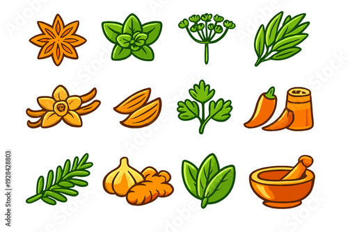 This set features twelve vibrant cartoon illustrations of culinary herbs and spices, including star anise, rosemary, and a mortar and pestle, all isolated on a black background.
