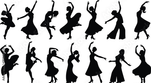 Woman dancer silhouette mega set, elegant female ballet and contemporary dance poses collection isolated vector illustration